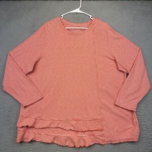 Soft‎ Surroundings Shirt Womens 2X Red White Striped Pima Cotton Ruffle Hem Top